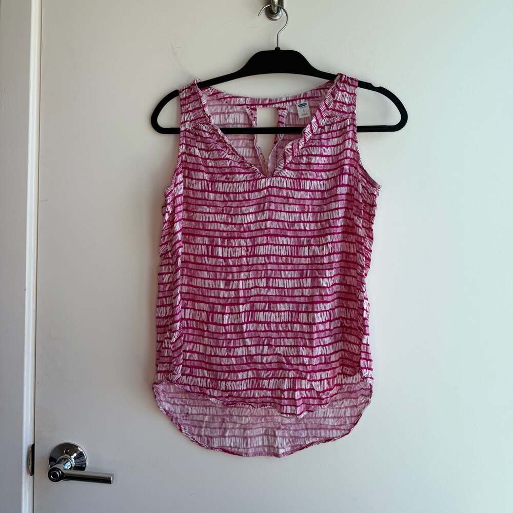 Old Navy Sleeveless Keyhole V-Neck High-Low Tank Top Pink White Abstract Print